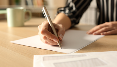 A woman seated at a table writing on paper