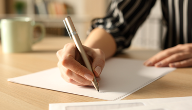 A woman seated at a table writing on paper