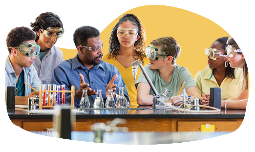 Science teachers speaking with students in a lab